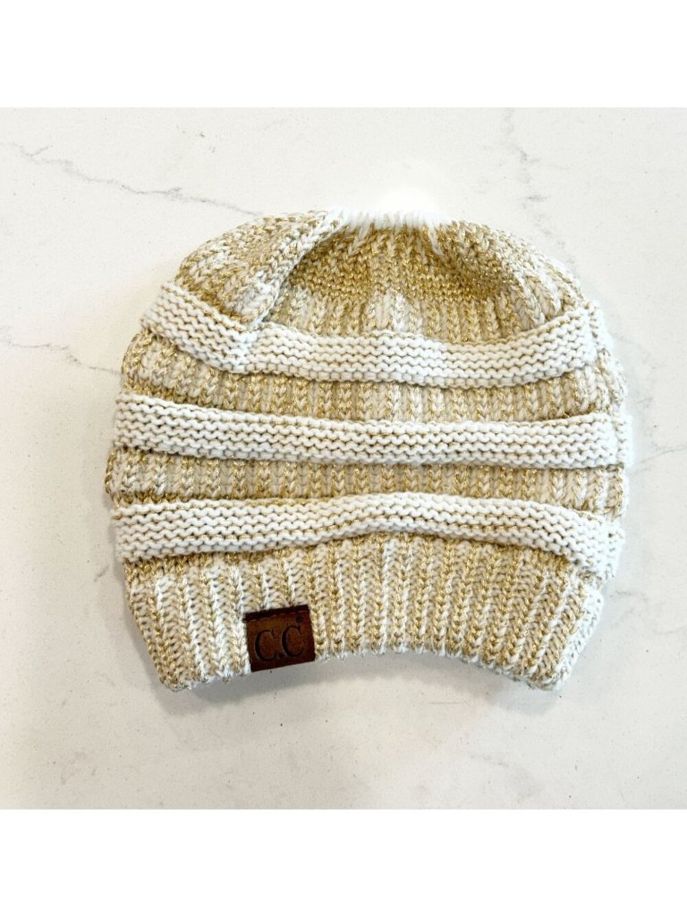 C.C Exclusives Knit High Bun Ponytail Hat in Ivory & Gold Metallic